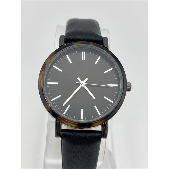 A Day New Watch Women 35mm Case Tortoise Shell Bezel Black Band- New Battery - Picture 1 of 9